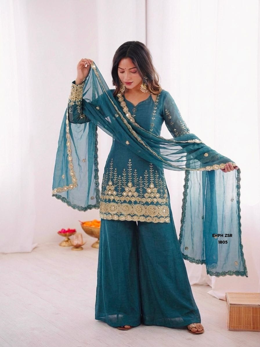 Rama Teal Monochromatic Sharara Set